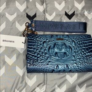 Brahmin Blue Embossed Croc Leather Wristlet with Strap